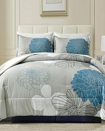 Yiran 7 Pieces Bed in a Bag King Comforter Set Blue Floral Comforter Sets Soft Microfiber Flowers Bedding Set (1 Comforter 1 Flat Sheet 1 Fitted Sheet 2 Pillowshams 2 Pillowcases) - LeafyLoom