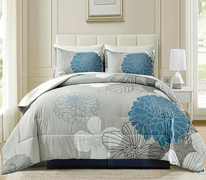 Yiran 7 Pieces Bed in a Bag King Comforter Set Blue Floral Comforter Sets Soft Microfiber Flowers Bedding Set (1 Comforter 1 Flat Sheet 1 Fitted Sheet 2 Pillowshams 2 Pillowcases) - LeafyLoom