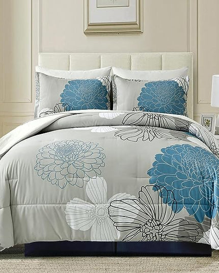 Yiran 7 Pieces Bed in a Bag Blue Floral Comforter Set Queen Size Flowers Comforter Set Soft Microfiber Bedding Set (1 Comforter 1 Flat Sheet 1 Fitted Sheet 2 Pillowshams 2 Pillowcases) - LeafyLoom
