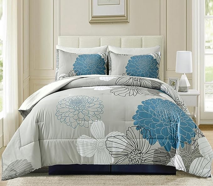 Yiran 7 Pieces Bed in a Bag Blue Floral Comforter Set Queen Size Flowers Comforter Set Soft Microfiber Bedding Set (1 Comforter 1 Flat Sheet 1 Fitted Sheet 2 Pillowshams 2 Pillowcases) - LeafyLoom