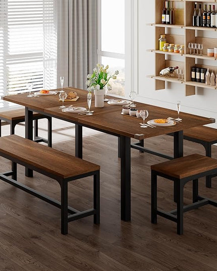 Feonase 5-Piece Dining Table Set for 4-8 People, 63" Extendable Kitchen Table Set with 2 Benches and 2 Square Stools, Dining Room Table with Heavy-Duty Frame, Easy Assembly, Walnut - LeafyLoom