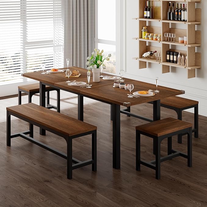 Feonase 5-Piece Dining Table Set for 4-8 People, 63" Extendable Kitchen Table Set with 2 Benches and 2 Square Stools, Dining Room Table with Heavy-Duty Frame, Easy Assembly, Walnut - LeafyLoom