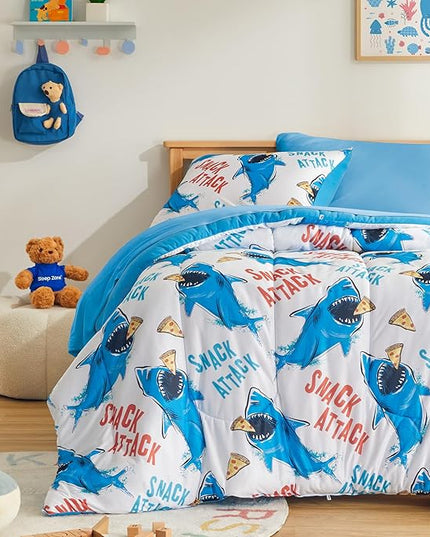 SLEEP ZONE Jersey Knit 3-Piece Full/Queen Size Comforter Set, Lightweight Kids Bedding Sets for All Seasons, Fluffy Soft, Easy Care (Sharks, Full/Queen) - LeafyLoom