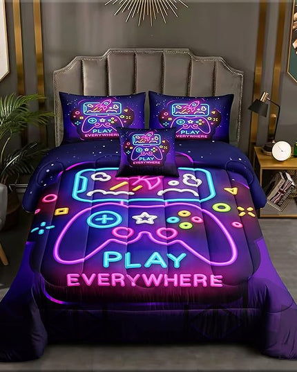 6 Pieces Gamer Bedding Set for Boys Gaming Comforter Full Size, Game Controller Comforter for Teen 3D Gamepad Microfiber 6 Piece Bed in A Bag Kids Bedding Sets with Sheets,DJT H5031 Full - LeafyLoom