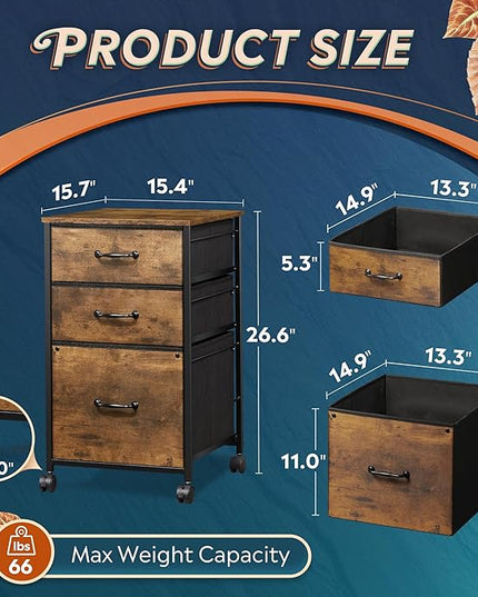 DEVAISE Mobile File Cabinet, Rolling Printer Stand with 3 Drawers, Fabric Vertical Filing Cabinet fits A4 or Letter Size for Home Office, Rustic Brown Wood Grain Print - LeafyLoom