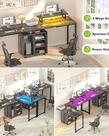 Cyclysio L Shaped Gaming Desk with Wood Cabinet, 58" Large Corner Desk with LED Lights & Power Outlet, Reversible Computer Desk with Monitor Stand, Home Office Desk 2 Person Corner Desk, Grey Oak - LeafyLoom