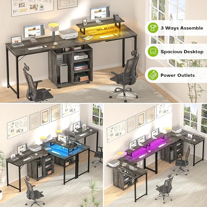 Cyclysio L Shaped Gaming Desk with Wood Cabinet, 58" Large Corner Desk with LED Lights & Power Outlet, Reversible Computer Desk with Monitor Stand, Home Office Desk 2 Person Corner Desk, Grey Oak - LeafyLoom