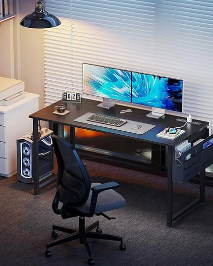 KKL Small Desk with Power Outlets and USB Port Computer Desk for Home Office Gaming Simple Modern Style Writing Desks with Storage Bag Headphone Hook, 48 inch, Black - LeafyLoom