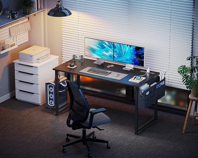 KKL Small Desk with Power Outlets and USB Port Computer Desk for Home Office Gaming Simple Modern Style Writing Desks with Storage Bag Headphone Hook, 48 inch, Black - LeafyLoom