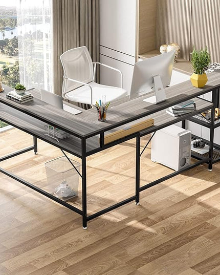 L-Shaped Desk with Monitor Shelf,Corner Computer Desk with Storage, Gray - LeafyLoom