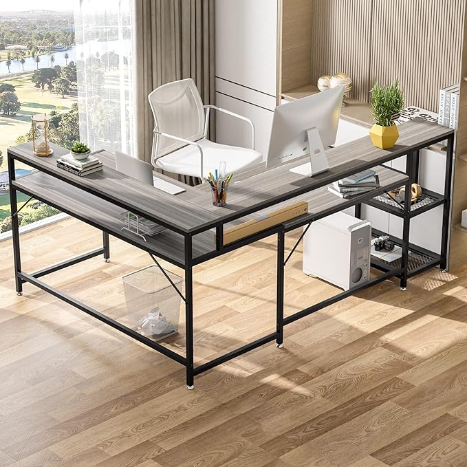L-Shaped Desk with Monitor Shelf,Corner Computer Desk with Storage, Gray - LeafyLoom