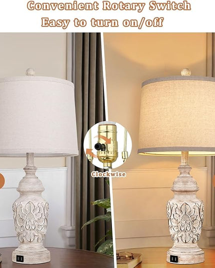 TOBUSA Farmhouse Table Lamps Set of 2, 26” Tall Bedside Lamps with Dual USB Ports, Nightstand Lamps with Carved Floral, Resin End Table Lamps for Living Room, Bedroom, Rotary Switch, No Bulbs - LeafyLoom