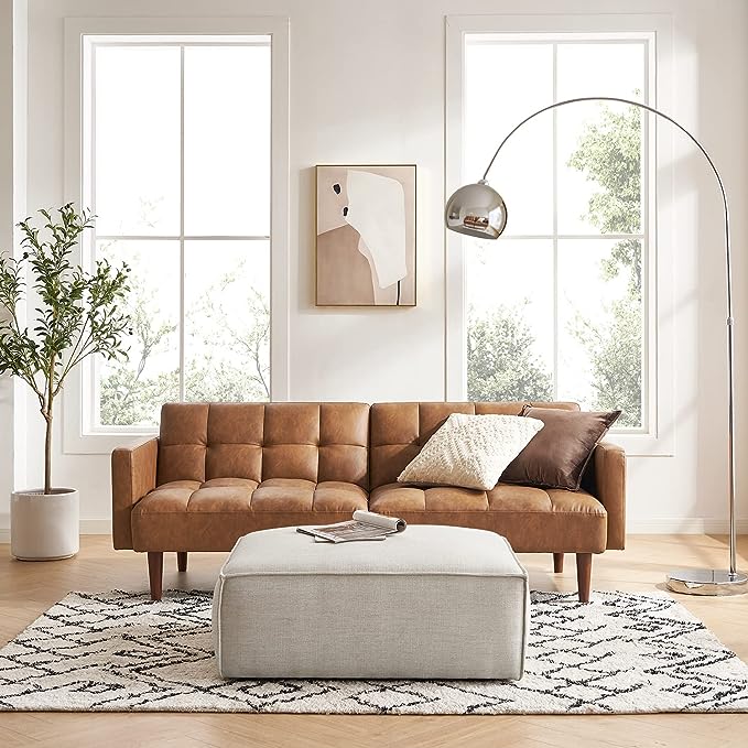 mopio Aaron Couch, Small Sofa, Futon, Sofa Bed, Sleeper Sofa, Loveseat, Mid Century Modern Futon Couch, Sofa Cama, Couches for Living Room, Bedroom (Pecan Brown, Faux Leather) - LeafyLoom