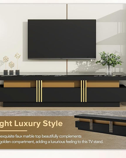 Merax Luxury TV Stand with High Gloss Faux Marble Top, Golden Panel Design, and 3 Drawers for Televisions Up to 78'', Rectangle Media Console, Practical Entertainment Center for Living Room, Black - LeafyLoom