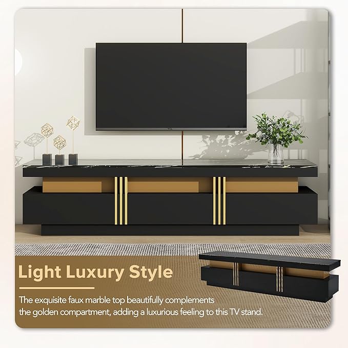 Merax Luxury TV Stand with High Gloss Faux Marble Top, Golden Panel Design, and 3 Drawers for Televisions Up to 78'', Rectangle Media Console, Practical Entertainment Center for Living Room, Black - LeafyLoom