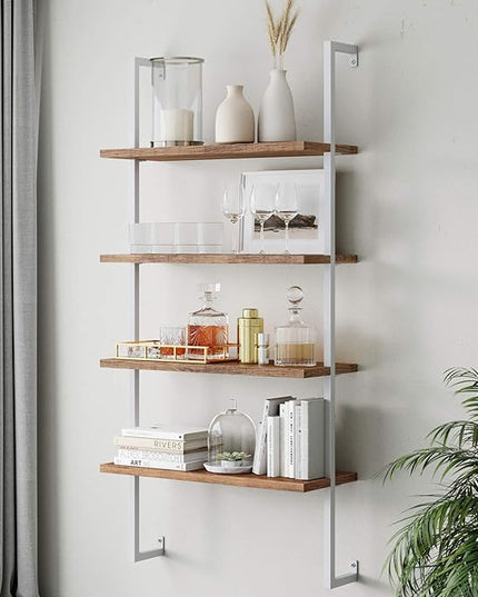 Nathan James Theo 4-Shelf Bookcase, Floating Wall Mount Shelves with Natural Wood and Industrial Pipe Metal Frame, Oak/White - LeafyLoom