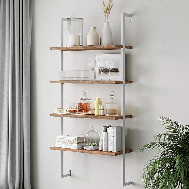 Nathan James Theo 4-Shelf Bookcase, Floating Wall Mount Shelves with Natural Wood and Industrial Pipe Metal Frame, Oak/White - LeafyLoom