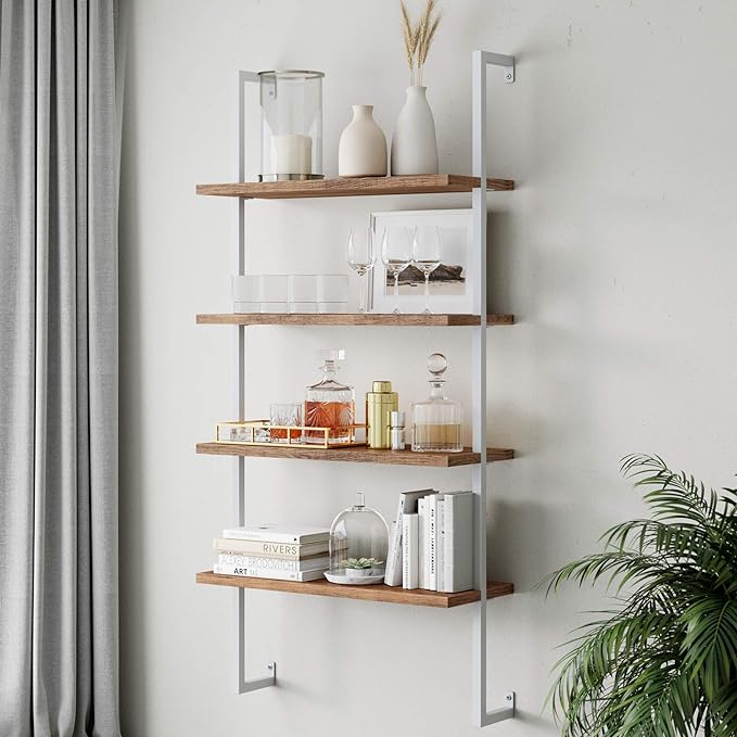 Nathan James Theo 4-Shelf Bookcase, Floating Wall Mount Shelves with Natural Wood and Industrial Pipe Metal Frame, Oak/White - LeafyLoom