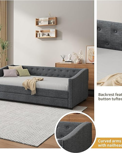 Twin Size Upholstered Daybed with Twin Size Trundle,Wood Sofa Bed Frame W/Button Tufted Back and Nailhead Decorated Waved Shape Arms,Slat Support,for Bedroom,Living Room,Apartment,Dark Gray - LeafyLoom