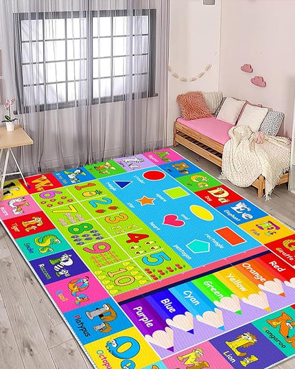 Kids Alphabet Play Game Rug - 5'x7' ABC Numbers and Shapes Educational Learning Toddler Carpet - Kids Room Playroom Classroom Kindergarten Activity Fun Soft Non-Slip Mat - LeafyLoom