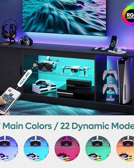 Bestier LED TV Stand with Power Outlets for 55/60/65 Inch TV, Gaming Entertainment Center with Cabinet for PS5, Modern TV Cabinet with Adjustable Glass Shelves for Living Room, Bedroom 58 Inch,Black - LeafyLoom