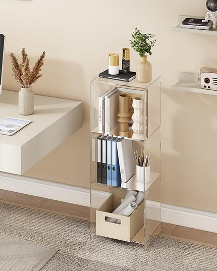 Acrylic Bookcase, 3 Tier Clear Floor Standing Bookshelf, 31.5 inch Tall Display Cube Storage Shelf Home Decor Furniture for Home, Office, Living Room, Bedroom - LeafyLoom
