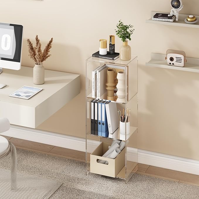 Acrylic Bookcase, 3 Tier Clear Floor Standing Bookshelf, 31.5 inch Tall Display Cube Storage Shelf Home Decor Furniture for Home, Office, Living Room, Bedroom - LeafyLoom