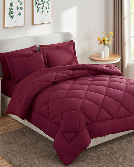 CozyLux Queen Comforter Set with Sheets 7 Pieces Bed in a Bag Burgundy All Season Bedding Sets with Comforter, Pillow Shams, Flat Sheet, Fitted Sheet and Pillowcases, Red, Queen - LeafyLoom