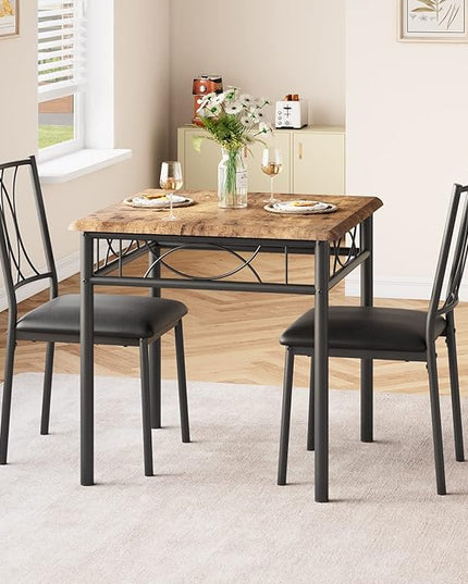 Dining Table Set for 2, 3 Piece Kitchen Table Set with 2 Upholstered Chairs, Square Kitchen Table Set for Small Space, Apartment, Dining Room, Retro Brown - LeafyLoom