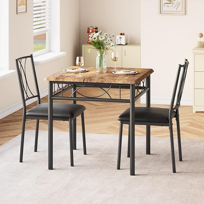 Dining Table Set for 2, 3 Piece Kitchen Table Set with 2 Upholstered Chairs, Square Kitchen Table Set for Small Space, Apartment, Dining Room, Retro Brown - LeafyLoom