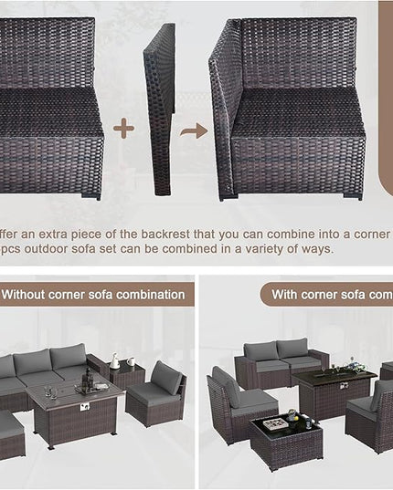 Patio Furniture Sectional Sofa Set 10-Pieces PE Rattan Swivel Rocking Chairs Outdoor Furniture Set w/43in Gas Fire Pit Table, Patio Conversation with 55000 BTU Propane Fire Pit, Grey - LeafyLoom
