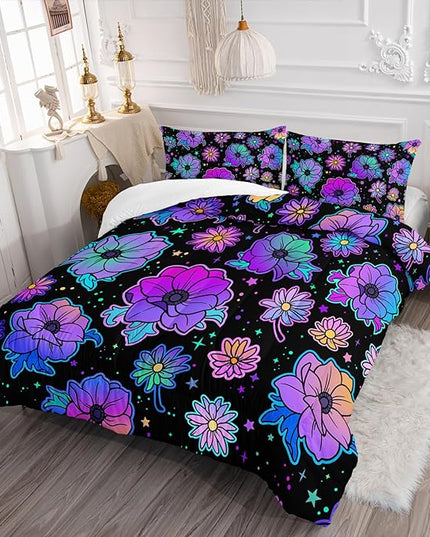 Axolotl Neon Floral Bedding Set Full,Gradient Floral Comforter Set for Girls,Colorful Flower Bedding Set Stars,Galaxy Series Comforter for Kids Boys Girls Teens Adults,1 Quilt 2 Pillowcases,Black - LeafyLoom