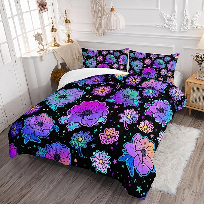 Axolotl Neon Floral Bedding Set Full,Gradient Floral Comforter Set for Girls,Colorful Flower Bedding Set Stars,Galaxy Series Comforter for Kids Boys Girls Teens Adults,1 Quilt 2 Pillowcases,Black - LeafyLoom