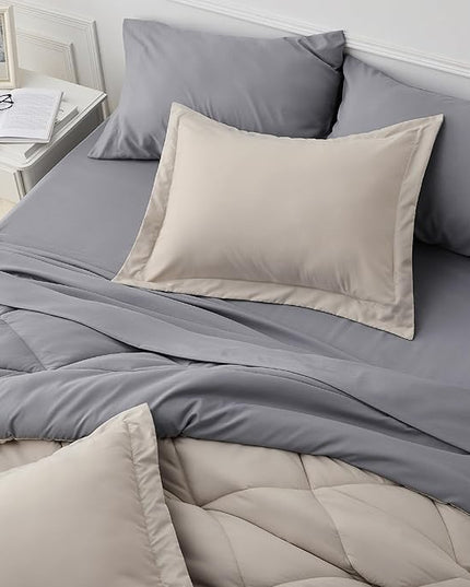 Bedsure Beige Comforter Set - 7 Pieces Reversible Bed in a Bag with Comforters, Sheets, Pillowcases & Shams, Bedding Sets - LeafyLoom