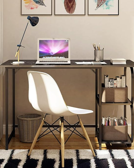 Black Marble 47inch Computer Desk Writing Workstation Home Office Table with 2-Tier Storage Shelves for Small Space - LeafyLoom