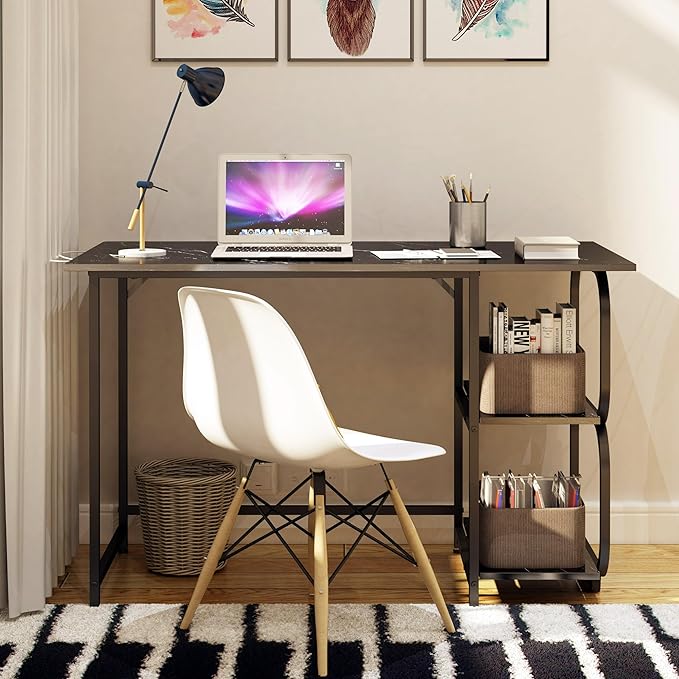 Black Marble 47inch Computer Desk Writing Workstation Home Office Table with 2-Tier Storage Shelves for Small Space - LeafyLoom