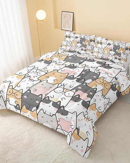 Kawaii Cat Comforter Queen Size,Cats Comforter Set for Kids Teens Girls Boys,3Pcs Bedding Set Printed Comforter with 2 Pillowcases,Down Alternative,Soft and Lightweight，Queen Size - LeafyLoom