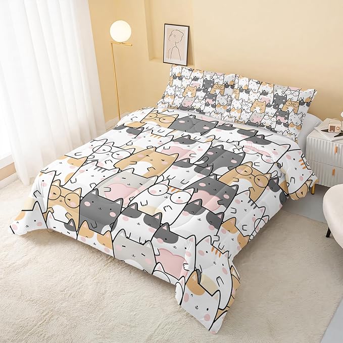 Kawaii Cat Comforter Queen Size,Cats Comforter Set for Kids Teens Girls Boys,3Pcs Bedding Set Printed Comforter with 2 Pillowcases,Down Alternative,Soft and Lightweight，Queen Size - LeafyLoom