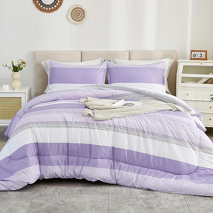 Litanika Lavender Comforter Set Queen - 3 Pieces Lightweight Lavender Purple White Colorblock Stripe Fluffy Bedding Comforter Sets, All Season Bed Set - LeafyLoom