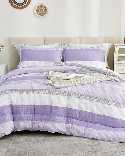 Litanika Lavender Comforter Set King - 3 Pieces Lightweight Lavender Purple White Colorblock Stripe Fluffy Bedding Comforter Sets, All Season Bed Set - LeafyLoom