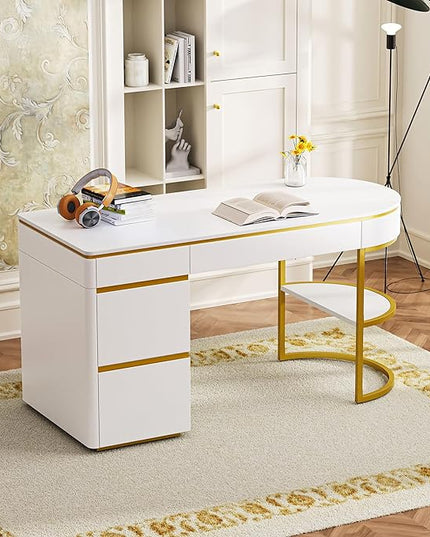 NicBex Laik-DW-00036-DX Desks, 60" W x 26.1" D x 31.9" H, Gold+White - LeafyLoom