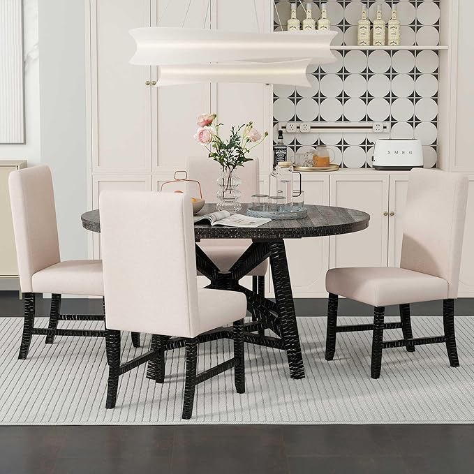 NicBex Round Dining Table for 4 Kitchen Table and Chairs 5-Piece Dining Set with Extendable Round Table with Removable Middle Leaf and 4 Upholstered Chairs, Black - LeafyLoom