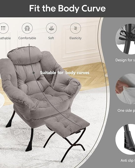 Lazy Chair with Folding Ottoman Modern Large Accent Chair,Contemporary Lounge Leisure Sofa Chair with Armrests Upholstered Sofa Armchair Reading Chair for Bedroom,Dorm & Office,Light Grey - LeafyLoom