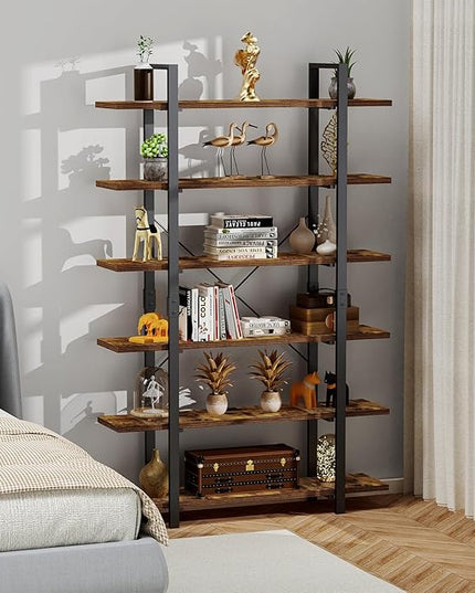FRAPOW Bookshelf, 6 Tier Book Shelf 83Inch Tall Bookcase, Industrial Large Bookshelves Rustic Book Case with Open Metal Frame for Office, Bedroom, Farmhouse, Living Room - LeafyLoom