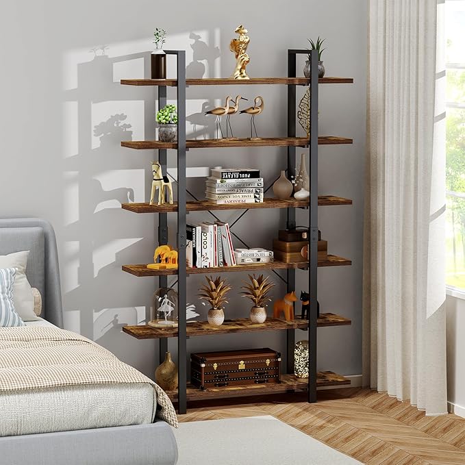 FRAPOW Bookshelf, 6 Tier Book Shelf 83Inch Tall Bookcase, Industrial Large Bookshelves Rustic Book Case with Open Metal Frame for Office, Bedroom, Farmhouse, Living Room - LeafyLoom