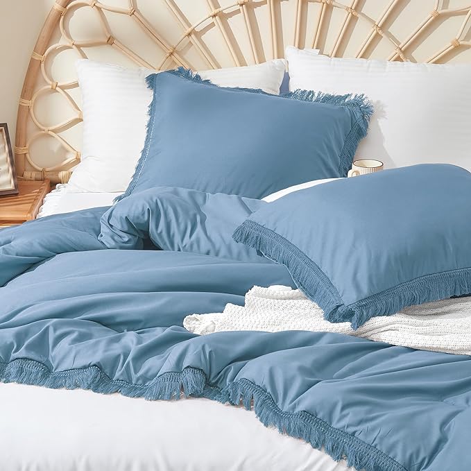 Litanika Grayish Blue Comforter Queen Set, Boho Tassel Comforter Aesthetic 3 Pieces, Lightweight Fringe Microfiber Bedding Set for All Season(1 Comforter 90x90 inch, 2 Pillowcases) - LeafyLoom
