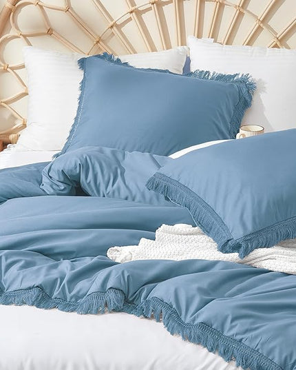 Litanika Grayish Blue King Size Comforter Set, Boho Tassel Comforter Aesthetic 3 Pieces, Lightweight Fringe Microfiber Bedding Set for All Season(1 Comforter 104x90 inch, 2 Pillowcases) - LeafyLoom