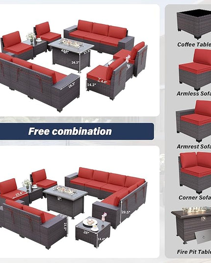 Patio Furniture Sectional Sofa Set 13-Pieces PE Rattan Patio Conversation Set w/43in Gas Fire Pit Table, Outdoor Furniture with 55000 BTU Propane Fire Pit, Red - LeafyLoom