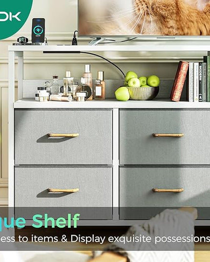 AODK Dresser with Charging Station, 52-Inch Long Dresser for Bedroom with 7 Large Fabric Drawers, Entertainment Center with Open Shelves for 55-Inch TV for Living Room, White and Light Grey - LeafyLoom