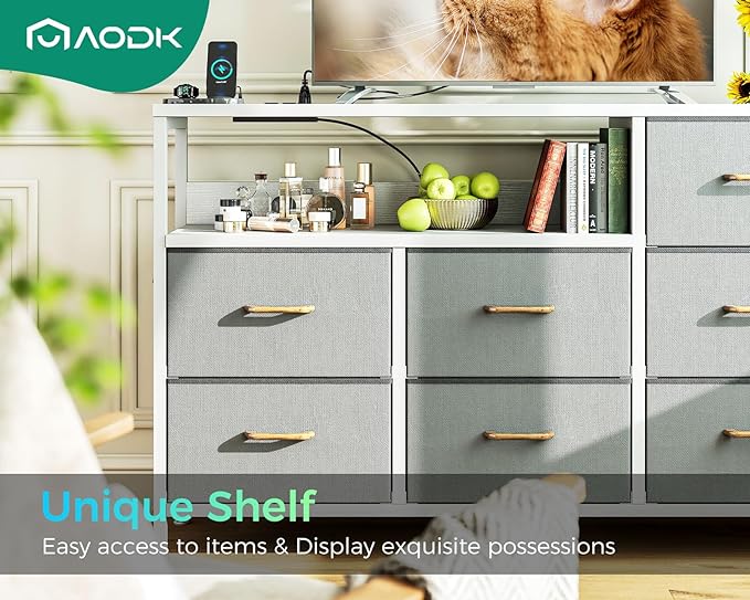 AODK Dresser with Charging Station, 52-Inch Long Dresser for Bedroom with 7 Large Fabric Drawers, Entertainment Center with Open Shelves for 55-Inch TV for Living Room, White and Light Grey - LeafyLoom